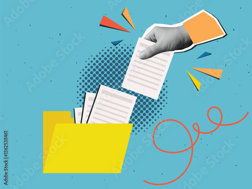 Hand puts a document into a yellow folder. Modern collage style. Vector illustration