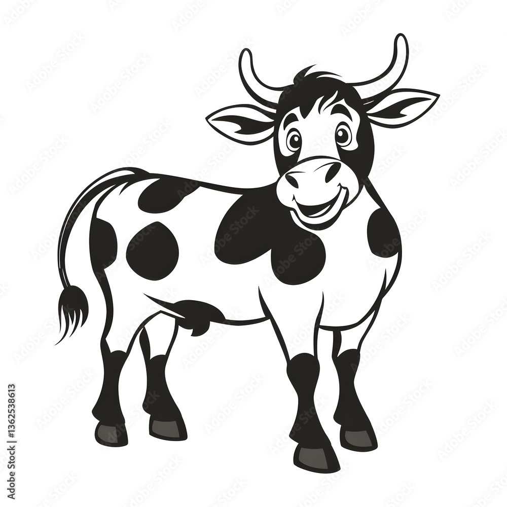 Smiling Black and White Cow Cartoon Standing Upright on White Background Smiling Black and White Cow Cartoon Standing Upright on White Background