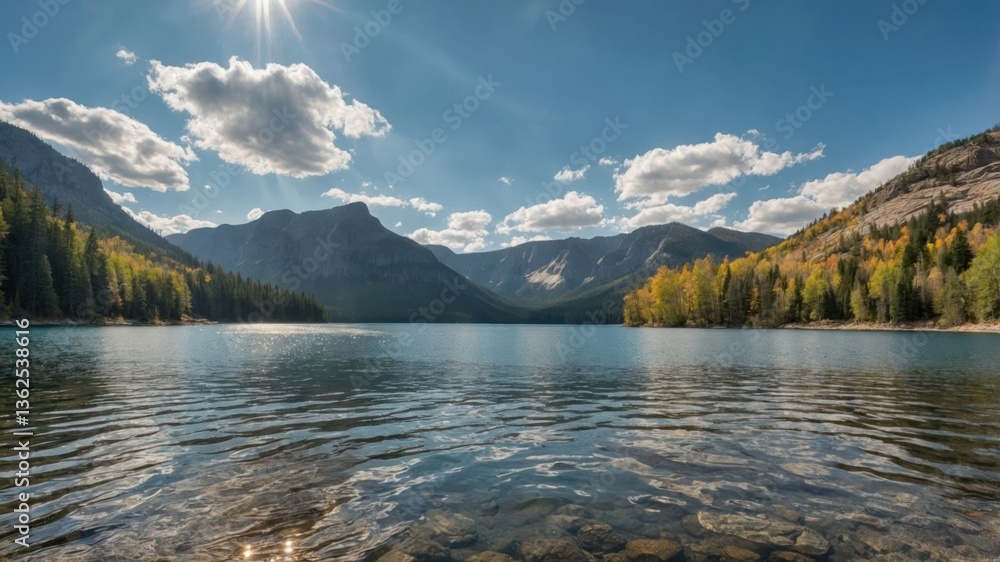 A serene lake surrounded by mountains and trees under a clear blue sky. A serene lake surrounded by mountains and trees under a clear blue sky.