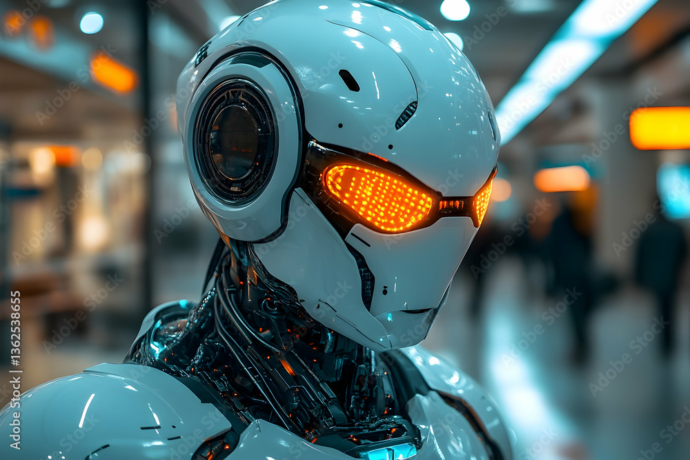 Fototapeta premium Futuristic white robot with glowing orange eyes in a blurry modern environment
