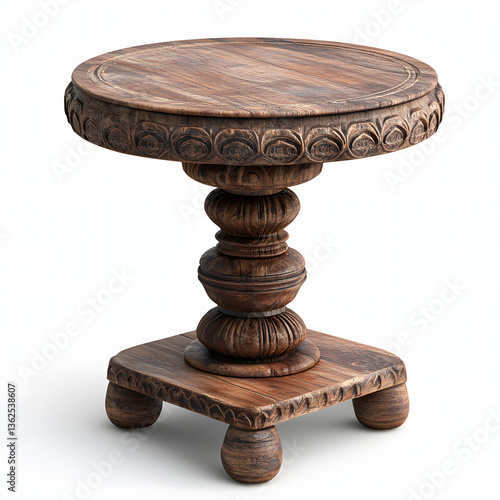 Ornate wooden side table, carved pedestal base, round top, intricate details, rustic elegance, warm wood tones, antique finish, decorative molding, Tuscan style, sturdy construction, traditional craft