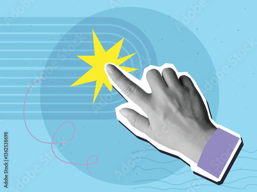 Hand makes click gesture with flash effect. Modern collage style. Vector illustration