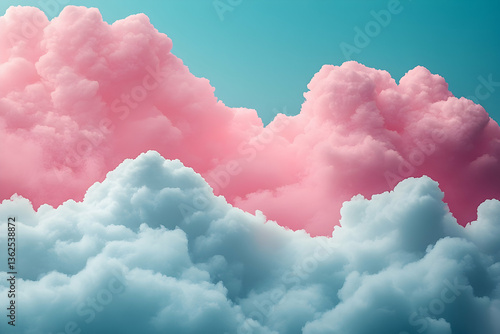 Fluffy pink and white clouds against a pale blue sky backdrop