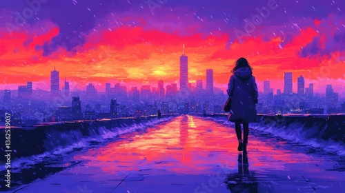 Solitary Stroll at Sunset: A Cityscape in Rain