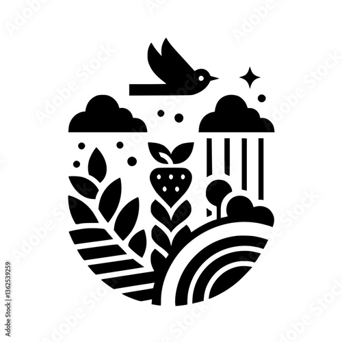 Minimalist Black & White Illustration of a Bird, Fields, Crops, Rain, Rainbow, and Star, Celebrating Nature's Bounty.