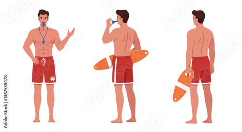 Lifeguard in three poses with minimal design style vector illustration