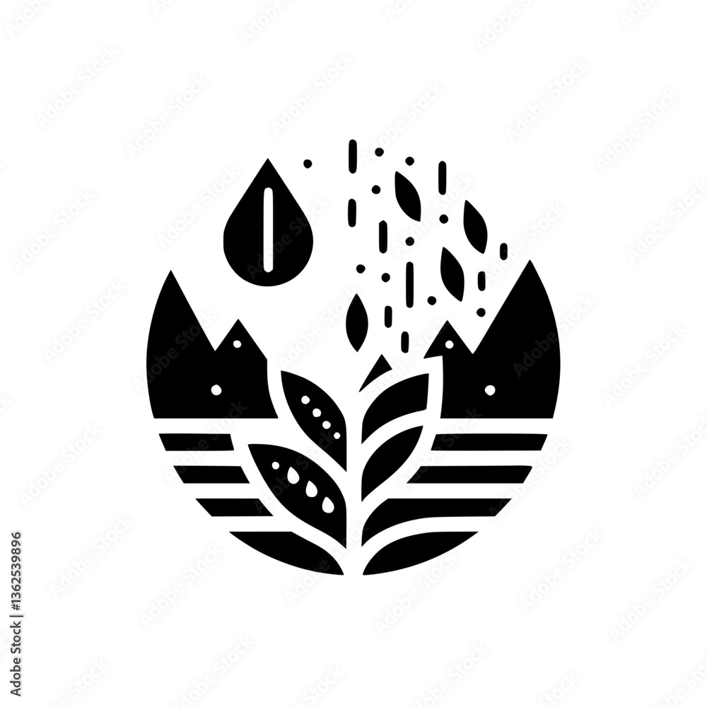 Obraz premium A stylized black and white circular illustration featuring mountains, rain, a water droplet, and plant life representing nature's elements in a clean, minimalist design.