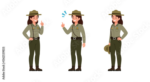 Ranger character in three poses with flat design style vector illustration