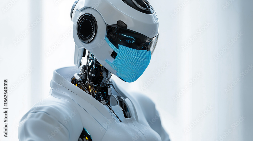Cyborg in a helmet, a robot doctor in a facemask isolated on a white background.