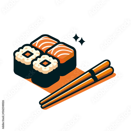 Minimalist sushi illustration featuring salmon nigiri, maki rolls, chopsticks, and sparkles in a flat style.