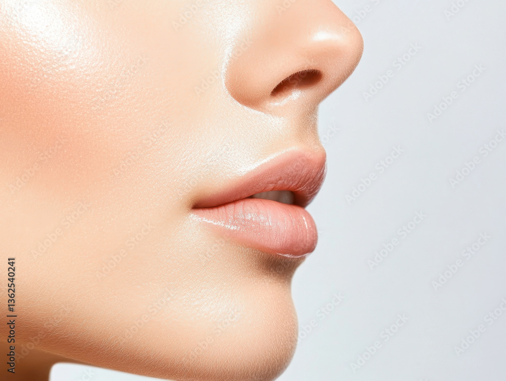 Close-up view captures the serene beauty of a face's nose and lips, highlighting natural beauty Close-up view captures the serene beauty of a face's nose and lips, highlighting natural beauty