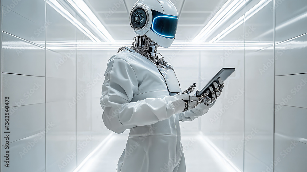 Cyborg, robot doctor with a notepad in hands.
