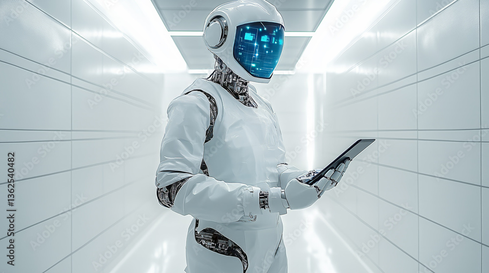 Cyborg in a helmet, robot doctor with a notepad in hands.