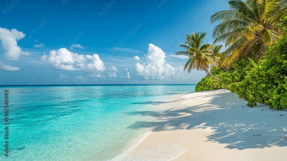 Fototapeta premium A serene tropical beach is showcased, characterized by tall palm trees, sparkling turquoise waters, gentle white sands, and a radiant blue sky, creating a perfect atmosphere for vacation and