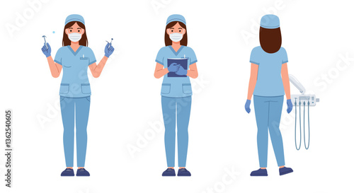 Medical professional in blue scrubs minimal vector illustration showing different poses and actions