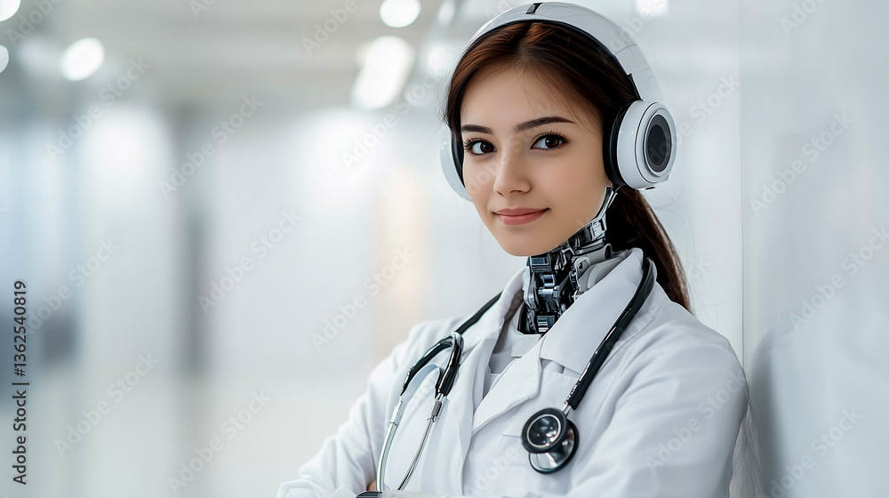 Cyborg with a human face with stethoscope, robot doctor.