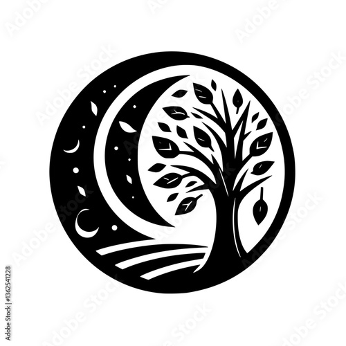 A stylized, minimalist emblem featuring a tree within a circle, incorporating a crescent moon, stars, and stylized ground lines, conveying a harmonious balance.