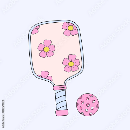 Retro-style illustration of a pickleball paddle with a floral design and a matching perforated ball on a light background, featuring vintage aesthetics and playful sports theme