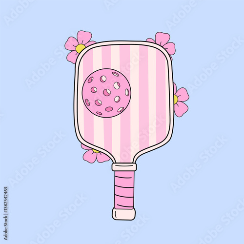 Retro-style illustration of a pink-striped pickleball paddle with a matching ball, surrounded by blooming flowers on a soft blue background