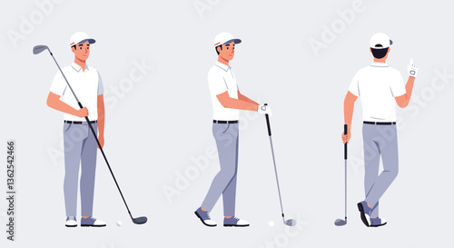 Golfer in three poses showcasing swing motion in flat vector art