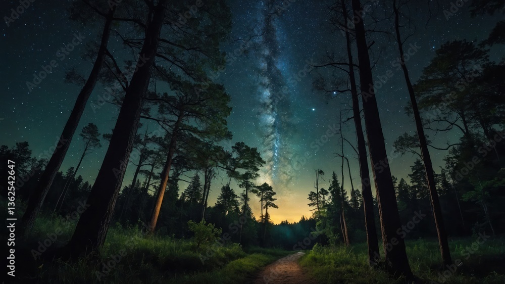 Obraz premium A serene forest scene under a starry sky, showcasing the Milky Way and tranquil nature.