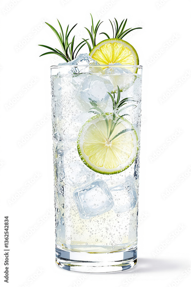 A crystal-clear glass of gin and tonic garnished with a lime wheel and a sprig of fresh rosemary. A crystal-clear glass of gin and tonic garnished with a lime wheel and a sprig of fresh rosemary.