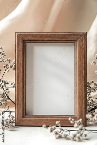Wooden photo frame with dried white flowers on soft beige fabric background in elegant minimal composition