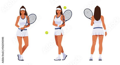 Female tennis player in three poses showcasing flat vector art style in sports vector illustration