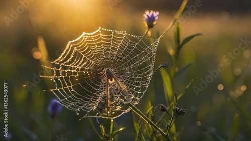 A dewy spiderweb glistens in the morning light among wildflowers.