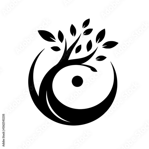 A stylized black and white logo depicting a tree growing out of a crescent, encapsulating a central dot, evoking harmony and balance.