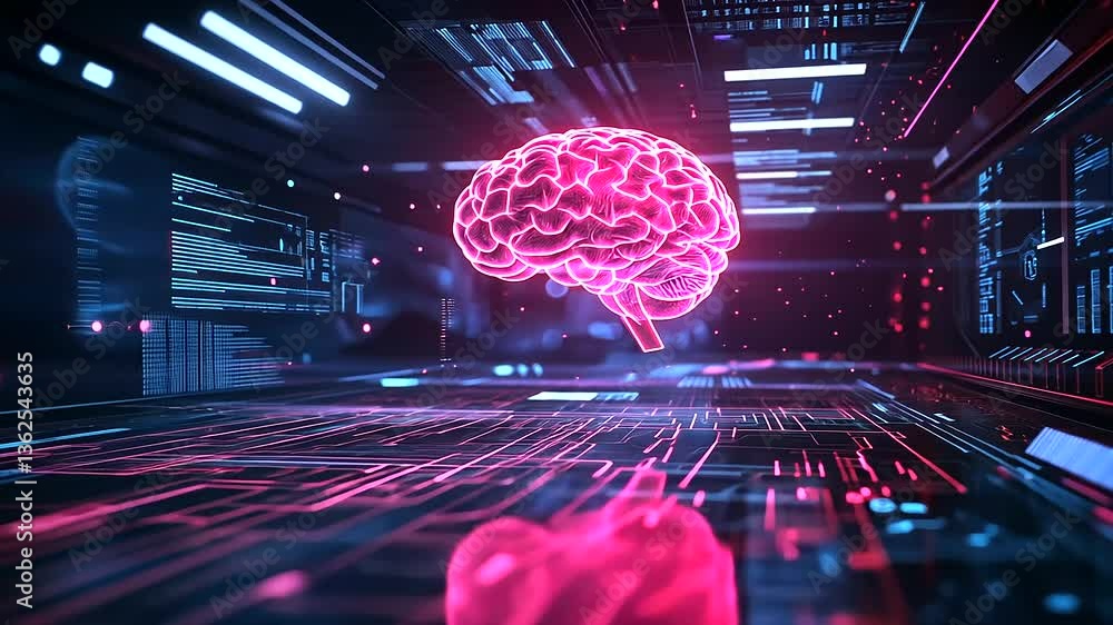 A neon-lit artificial brain, with pulsating energy waves connecting it to a floating processor, surrounded by holographic big data interfaces. A neon-lit artificial brain, with pulsating energy waves connecting it to a floating processor, surrounded by holographic big data interfaces.