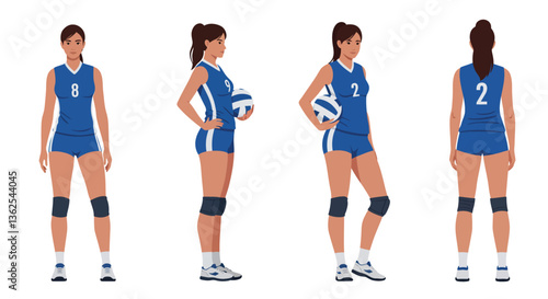 Volleyball player in different poses showcasing athleticism in flat vector art