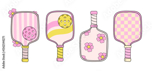 Set of four retro-style pickleball paddles with unique pastel designs, in pink and yellow tones on a white background
