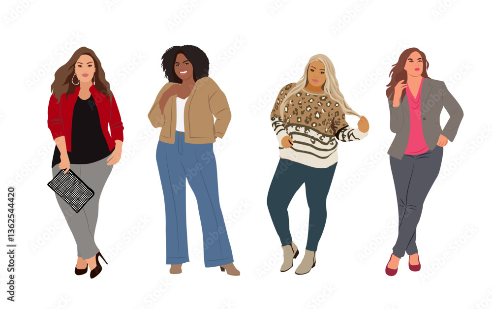 Obraz premium Set of Beautiful curvy girls in smart casual office outfits. Pretty women wearing trendy modern clothes standing full length. High quality hand drawn vector realistic illustrations isolated 