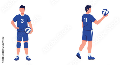 Volleyball player in blue jersey poses with ball in flat vector art