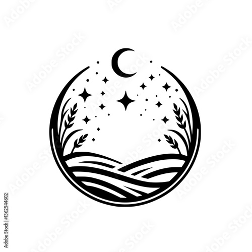 A black and white minimalist circular design, portraying a serene night scene with wheat stalks, rolling hills, a crescent moon, and sparkling stars.