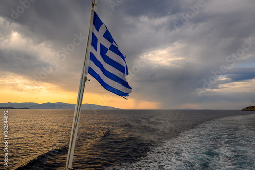 Obraz na płótnie The ferry with Greek flag. Cyclades Islands cruise in the Aegean Sea. Greece w salonie