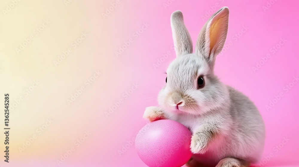 Adorable Bunny Wearing Bowtie Next to Pink Decorated Egg on Abstract Colorful Pattern, Easter Concept with Ample Text Space for Marketing Materials, Posters, or Web Banners. Adorable Bunny Wearing Bowtie Next to Pink Decorated Egg on Abstract Colorful Pattern, Easter Concept with Ample Text Space for Marketing Materials, Posters, or Web Banners.