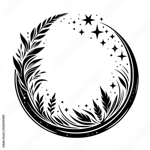 Elegant circular emblem featuring stylized floral elements and celestial stars, creating a mystical and harmonious design in monochrome.