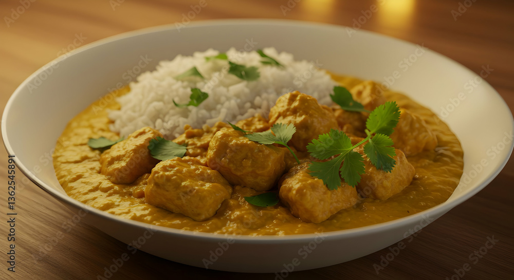 Chicken Curry With Rice On Wooden Table Chicken Curry With Rice On Wooden Table