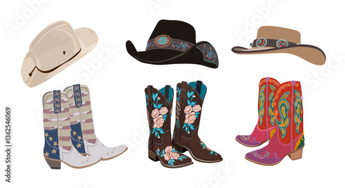 Set of different pairs of western cowboy boots and hats. Stylish decorative cowgirl boots and hats embroidered with traditional american symbols. Realistic hand drawn vector illustrations isolated.