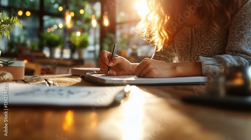 Person writes in notebook while sitting at a table in a cozy cafe during sunset hours