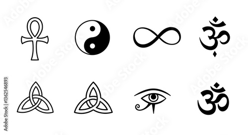 Collection of spiritual and symbolic signs. White background    