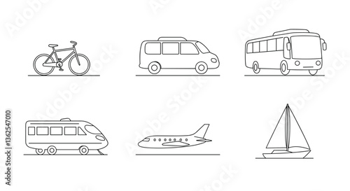 Simple line drawings of various modes of transportation. White background    