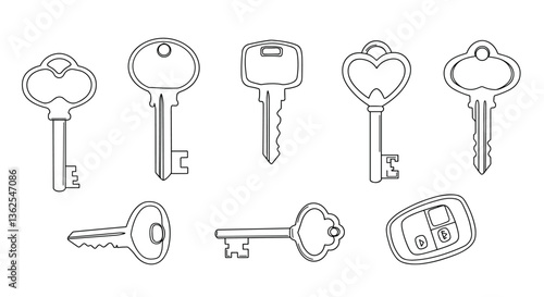 A collection of keys in various shapes and styles. White background    