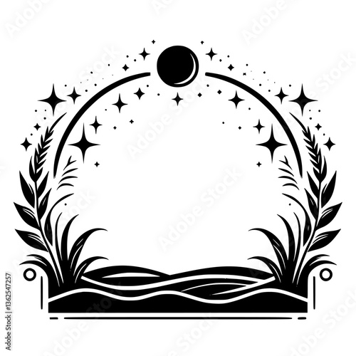 Celestial Arch: A black and white illustration featuring a star-studded arched frame above stylized foliage, moon, and a naturalistic ground, creating a mystical border.