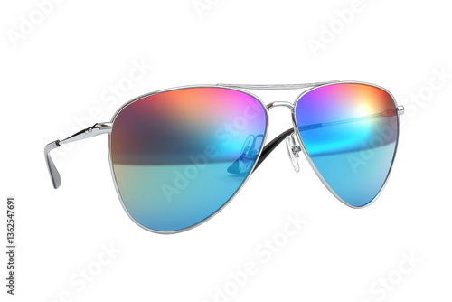 Stylish silver aviator sunglasses boasting vibrant iridescent lenses reflecting a summer sky, capturing a carefree spirit and radiant energy.