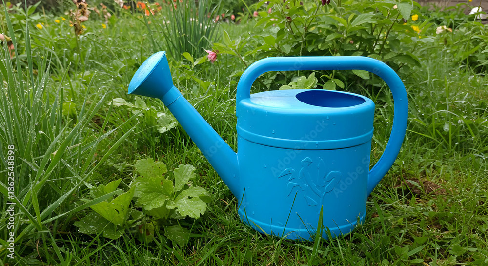 Blue Watering Can In A Garden Blue Watering Can In A Garden