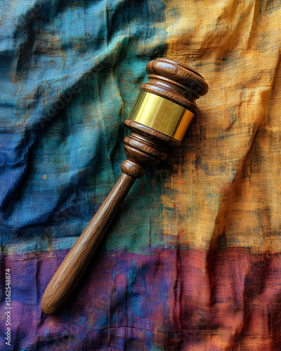 Gavel lies on colorful cloth