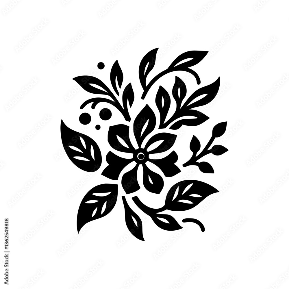 Fototapeta premium Intricate Black Floral Design with a Central Flower and Surrounding Foliage on a White Background, Demonstrating Bold Contrast.
